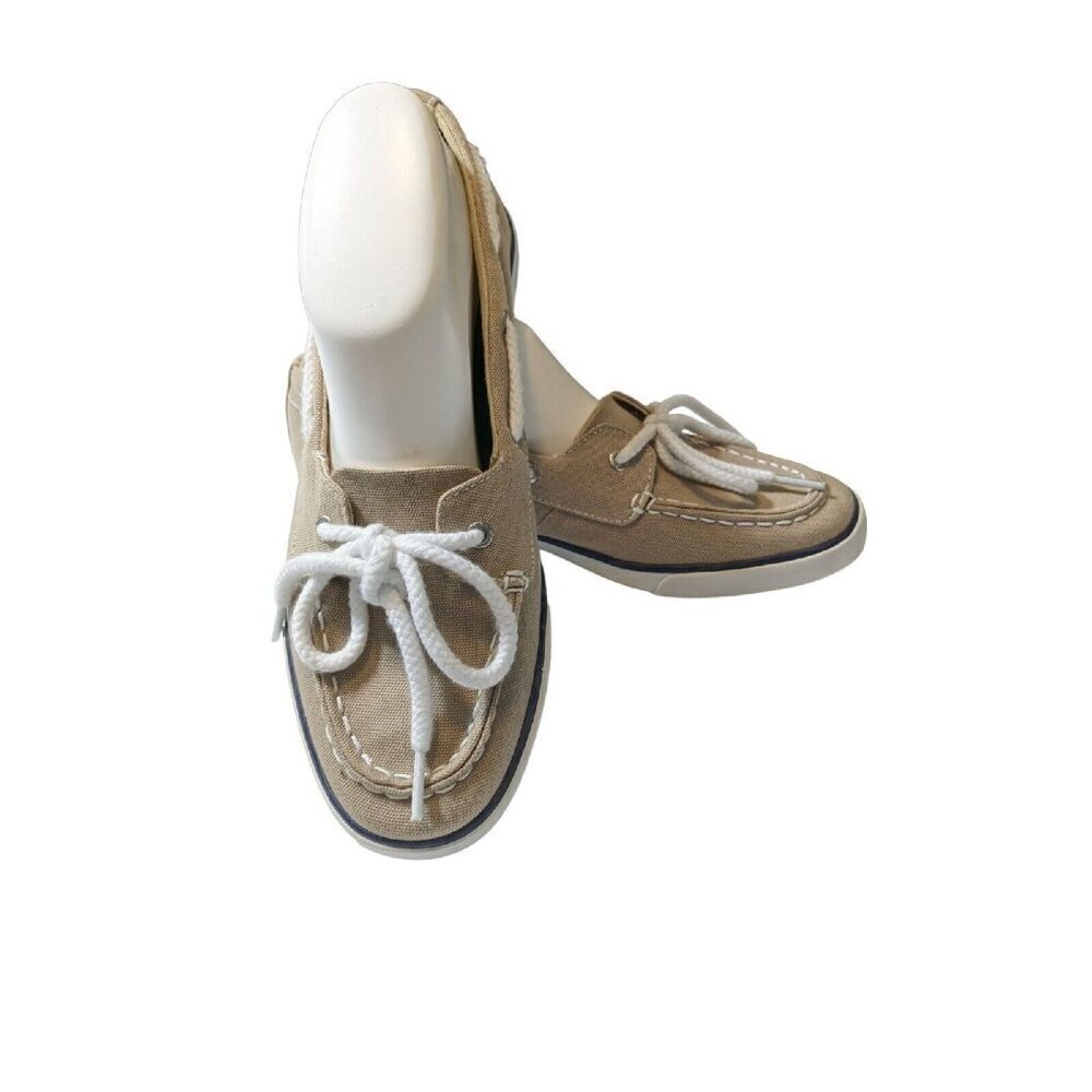 Nautica Womens Size 9 Boat Shoes Tan Canvas White Laced Deck Marine Flats Casual - Picture 2 of 11